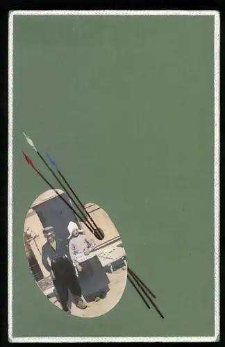 Foto-Collage-AK Zwei Kinder in holländischen Trachten, Malerpalletten-Passepartout