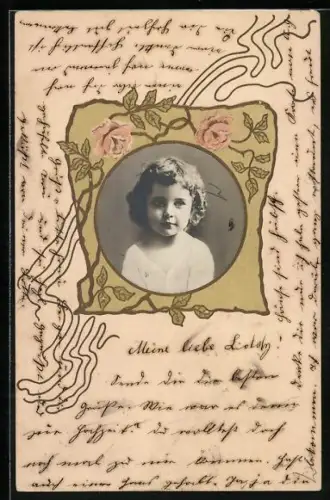 Foto-Collage-AK Kleinkind im Rahmen mit Rosen