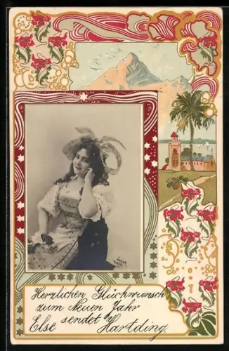 Foto-Collage-AK Porträt einer jungen Frau mit Schleife in den Haaren