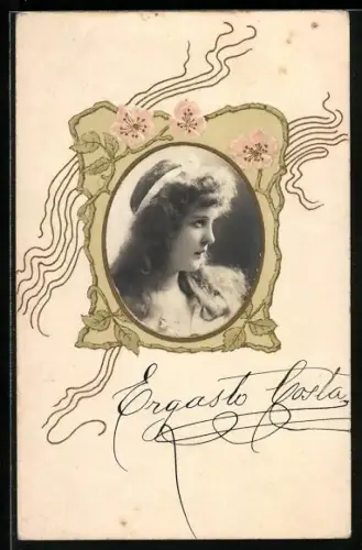 Foto-Collage-AK Porträt einer jungen Frau in elegantem Rahmen