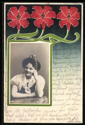 Foto-Collage-AK Lächelnde junge Frau