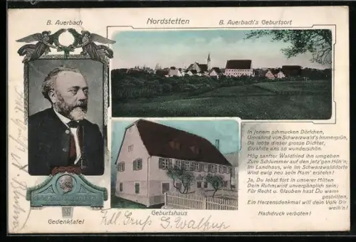 AK Nordstetten, B. Auerbach`s Geburtshaus und Gedenktafel