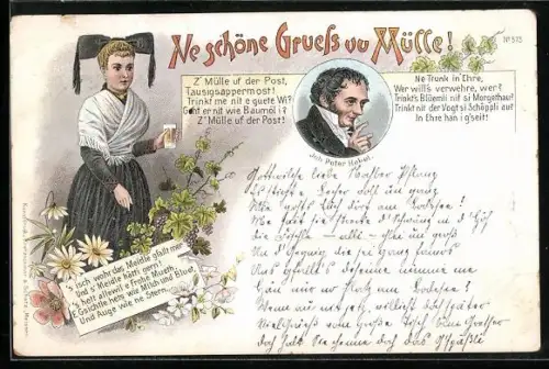 Vorläufer-Lithographie Joh. Peter Hebel, 1895, Gedicht Ne schöne Gruess vu Mülle
