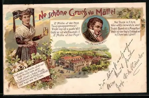 Lithographie Müllheim / Baden, Hotel Post, Joh. Peter Hebel, Frau in Tracht