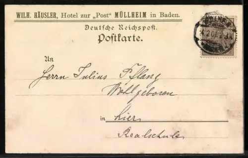 Lithographie Müllheim / Baden, Hotel Post, Joh. Peter Hebel, Frau in Tracht