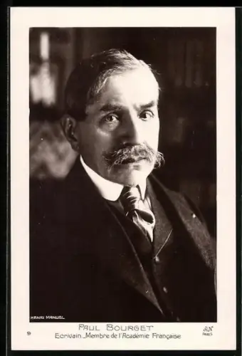 AK Paul Bourget, Ecrivain membre de l`Academie Francaise, im Anzug mit Schnauzbart