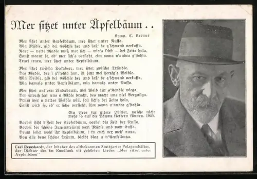 AK Dichter Carl Remshardt mit Liedtext Mer sitzet unter Äpfelbäum
