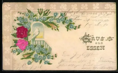 Präge-Lithographie Essen / Ruhr, Taube und Vergissmeinnicht