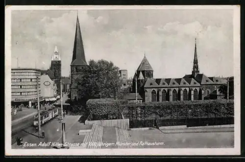 AK Essen / Ruhr, Strasse, Münster, Rathausturm