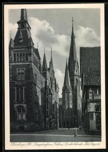 AK Oldenburg i. Old., Langestrasse mit Rathaus, Lambertikirche, Haus Degode