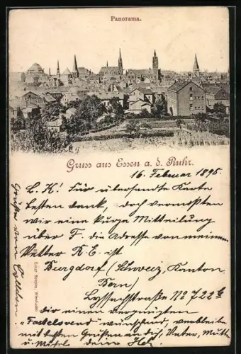 Lithographie Essen a. d. Ruhr, Panorama des Ortes