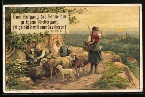 AK Vom Aufgang der Sonne..., Kleine Wanderer an einer Quelle, Schäferin mit Schafen, Neujahrsgruss