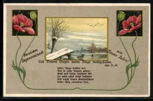 AK Lass Deinen Augen meine Wege wohlgefallen, Seepartie, Mohnblumen, Neujahrsgruss