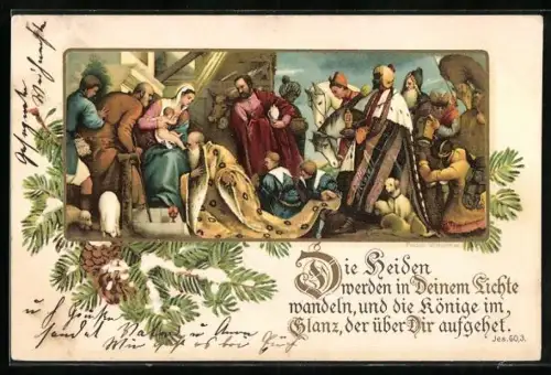 Lithographie Könige in Jesus Stall, Sinnspruch Die Heiden werden in deinem Lichte Wandeln, Jes. 60,3