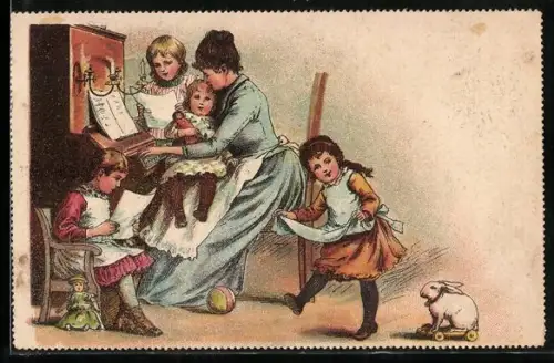 AK Mutter mit ihren Kindern beim Musizieren und Singen am Klavier, Spielzeug-Hase, Puppe
