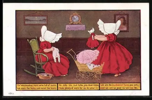 AK Zwei Mädchen mit Puppe u. Puppenwagen beim Ausbessern von Puppenkleidung