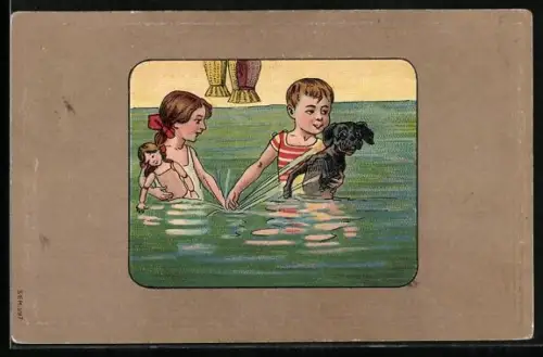 AK Kleines Paar mit Puppe und Hund beim Baden