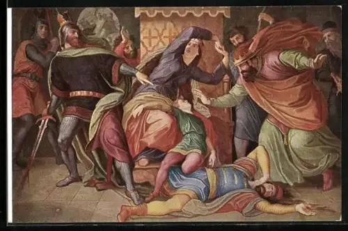 AK Nibelungen, Bild Nr. 22, Hagen erschlägt Etzels Sohn Ortlieb und dessen Hofmeister