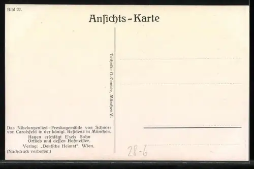 AK Nibelungen, Bild Nr. 22, Hagen erschlägt Etzels Sohn Ortlieb und dessen Hofmeister