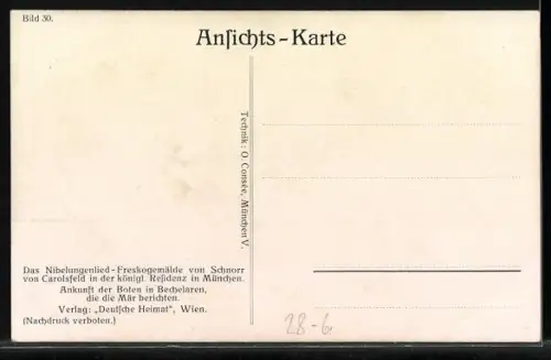 AK Nibelungen, Bild Nr. 30, Ankunft der Boten in Bechelaren, die die Mär berichten