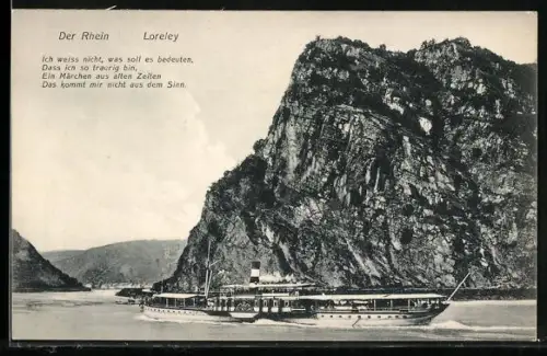 AK Loreleyfelsen mit Dampfer, Gedicht