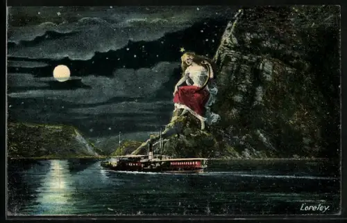 AK Loreleyfelsen mit Loreley bei Vollmond, Dampfer der Niederländer-Dampfschiffahrt