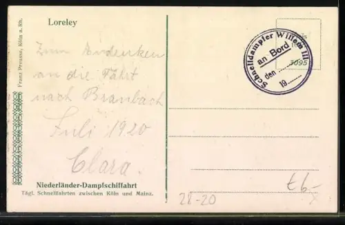 AK Loreleyfelsen mit Loreley bei Vollmond, Dampfer der Niederländer-Dampfschiffahrt