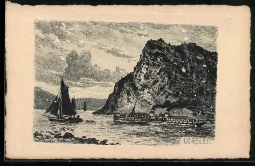 Künstler-AK Loreleyfelsen mit Dampfer u. Segelboot