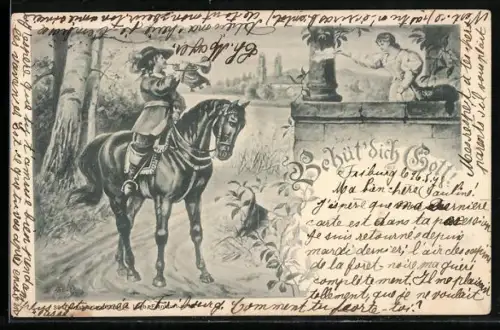 AK Der Trompeter von Säckingen zu Pferd nimmt Abschied von seiner Liebsten, Behüt Dich Gott!