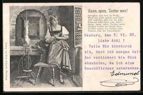 AK Spinn, spinn, Tochter mein!, Mädchen mit Spinnrad