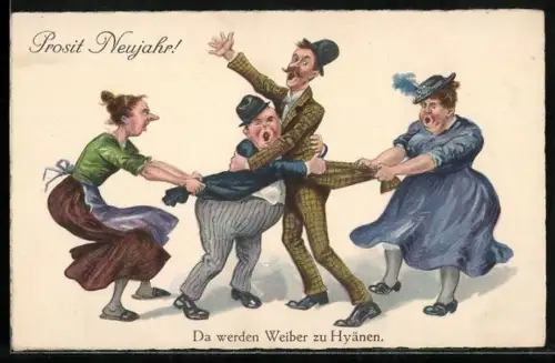 AK Zwei alte Jungfern kämpfen um zwei Kavaliere, Neujahrsgruss