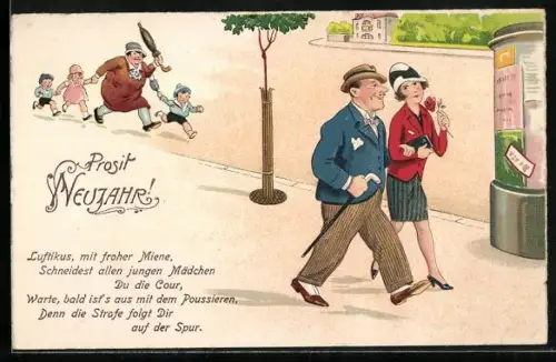 AK Erotik, Familie verfolgt Vater, der mit schöner Frau spaziert