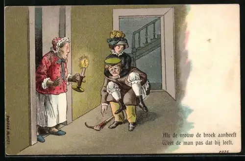 AK Ehemann mit junger Dame auf dem Rücken bei der Heimkehr zur Ehefrau