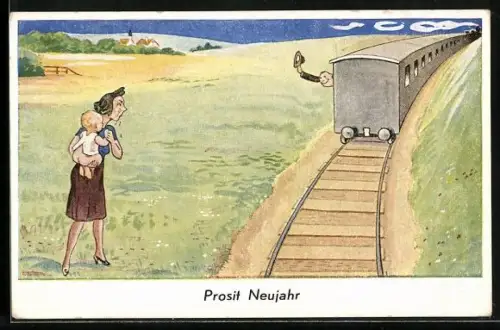 AK Junger Vater verlässt Mädchen und Kind mit der Eisenbahn, Neujahrsgruss
