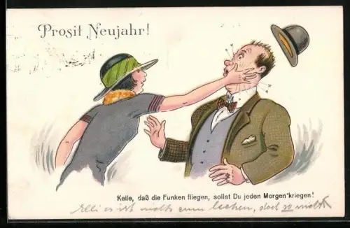 AK Junge Dame ohrfeigt Kavalier, Neujahrsgruss