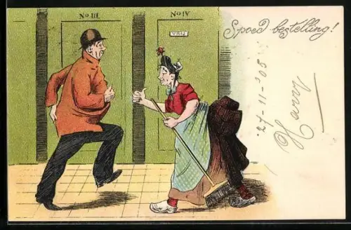 AK Toilettenfrau zeigt eiligem Besucher eine freien Kabine