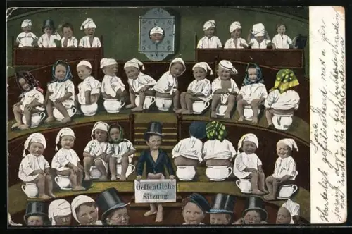 AK Öffentliche Sitzung, Kinder auf den Nachttöpfen um 1900