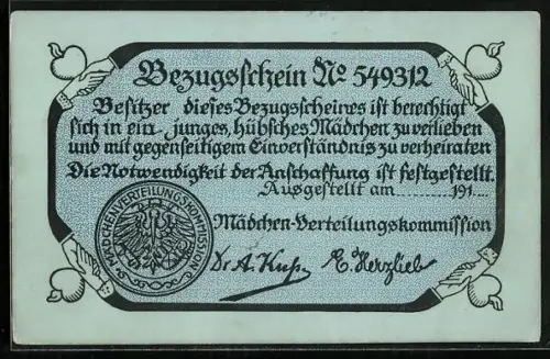 AK Bezugsschein, Berechtigung sich in ein junges hübsches Mädchen zu verlieben, Scherz