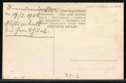 Foto-AK Kremsmünster, Trachtenorchester mit Klarinette, Streichinstrumenten und Schlagzeug, Kostümball, 1906