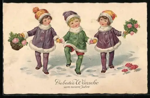 AK Kinder tragen ein Korb voller Kleeblätter, Fliegenpilze, Neujahr