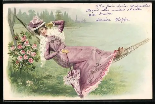 AK Jugendstil, junge Frau in einer Hängematte