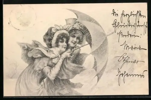 Künstler-AK M. Munk: Zwei Mädchen mit Regenschirm im Schneesturm, Weihnachtsgrüsse