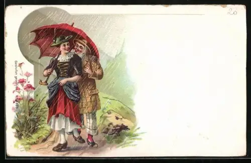 AK Dirndlmädchen mit Schirm und Gefährte im Regen