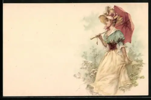 AK Junge Dame mit Schirm im Grünen