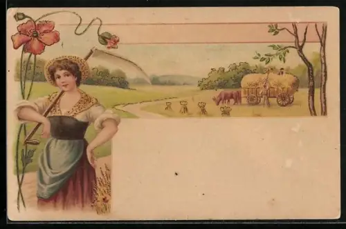 AK Mädchen im Dirndl mit Sense, Ernte, Fuhrwerk
