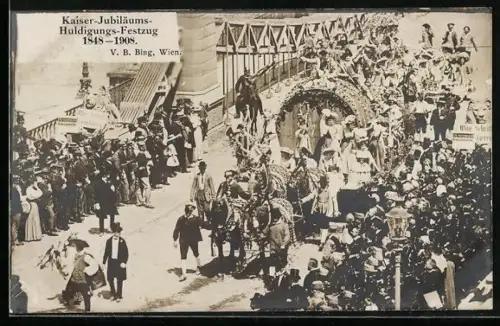 AK Wien, Kaiser-Jubiläum 1908, Huldigungs-Festzug, Wagen auf einer Brücke