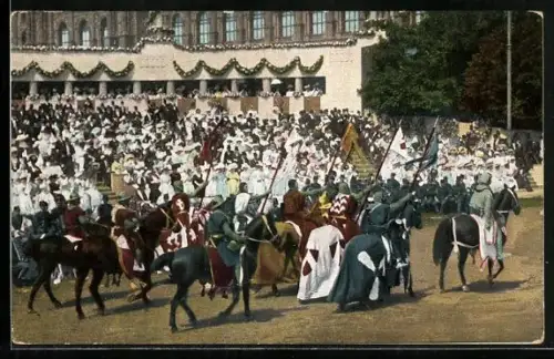AK Wien, Kaiser-Jubiläum 1908, Huldigungs-Festzug, König Rudolf v. Habsburg mit dem deutschen Heerbann