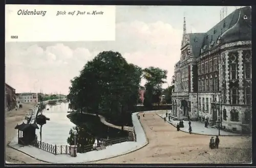 AK Oldenburg / Gr., Strassenpartie mit Post und Hunte