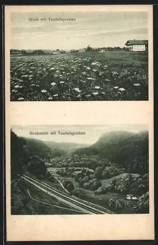 AK Grub / Poing, Grubmühl mit Teufelsgraben, Grub mit Teufelsgraben, Bahnschienen