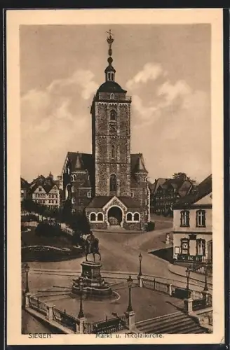 AK Siegen, Markt, Nikolaikirche u. Reiterdenkmal aus der Vogelschau